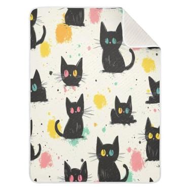 Imagem de Wassud Cobertor de bebê de gatos pretos de desenho animado para meninos e meninas, macio e recém-nascido, cobertor aconchegante de algodão essencial para berçário, viagem, berço, carrinho de bebê 76 x