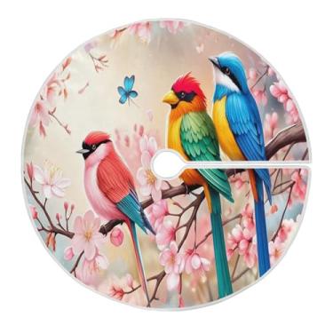 Imagem de Wassud Saia para árvore de Natal com laços seguros, pássaros em galhos, tapete festivo de árvore de Natal para festas de ano novo, decoração de casa