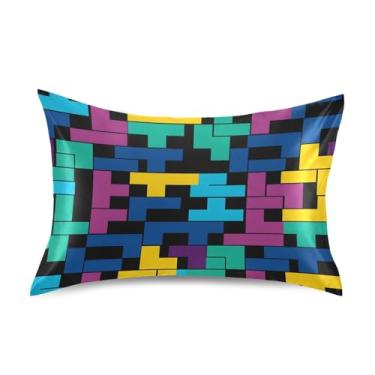 Imagem de Wassud Blocos coloridos (2) fronhas de cetim para cabelo e pele fronhas de seda lisa queen size fronhas respiráveis com fecho de envelope