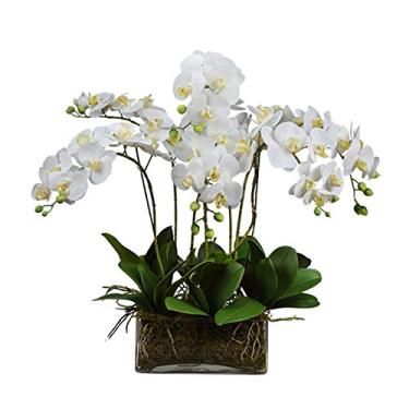 Imagem de LMJYU Presentes de flores artificiais para mesa - Conjunto moderno de buquês de orquídeas de borboleta falsas com vaso de vidro, Phalaenopsis de seda artificial realista