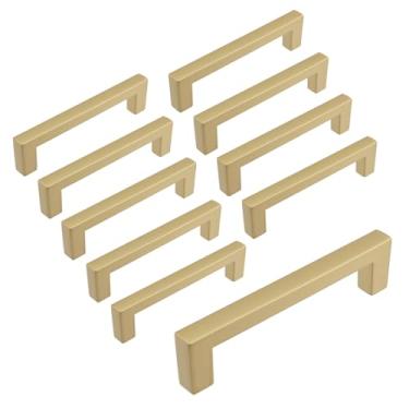 Imagem de Woogim Puxadores de armário de liga de alumínio, 10 peças para gavetas e armários, 96 mm de espaçamento de orifícios, alças quadradas de gaveta, alça de móveis cor bronze champanhe para cozinha