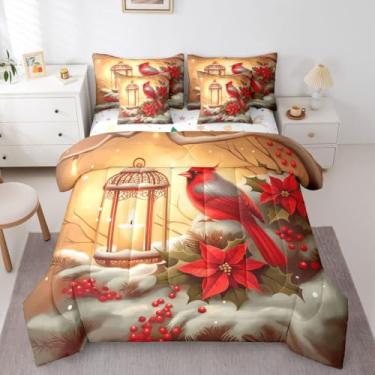 Imagem de Jogo de cama King Size cardeal vermelho com lençóis, natureza, animais selvagens, pássaro, 7 peças, bagas vermelhas, poinsétia, flores, cama, decoração de Natal