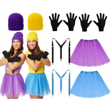 Imagem de Maiteenly Conjunto de 8 peças amarelas para fantasia de Halloween para casais, gorro para duas pessoas, suspensórios, saia tutu para mulheres, festas de cosplay, Azul, roxo, Tamanho Único
