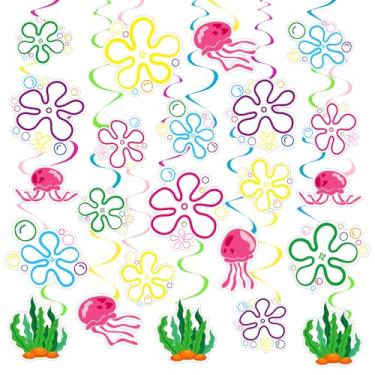 Imagem de Whaline 24 peças flores bolha festa pendurado redemoinho redemoinho flâmulas sob o mar medusa bolha teto decorações para pendurar no oceano aniversário chá de bebê suprimentos de festa