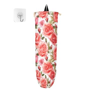 Imagem de Suporte de sacola de compras de rosas em aquarela brilhantes e coloridas, organizador de bolsas para armazenamento de sacolas plásticas de cozinha, suporte de saco plástico para montagem na parede