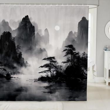 Imagem de jejeloiu Cortina de chuveiro com pintura a tinta chinesa para decoração de banheiro cortina de banho estilo japonês para barracas banheiras folhas natureza paisagem acessórios de banheiro montanha