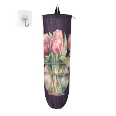 Imagem de Dispensador de saco de compras de pano de flores de tulipa em aquarela rosa, suporte de sacola de supermercado, organizador de sacolas plásticas de cozinha