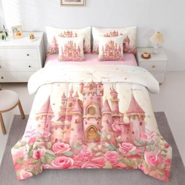 Imagem de jejeloiu Conjunto de edredom de princesa com 7 peças, casal, fofo, para crianças, meninos, meninas, rosa, decoração de quarto kawaii, bege, rosa, respirável, macio e leve
