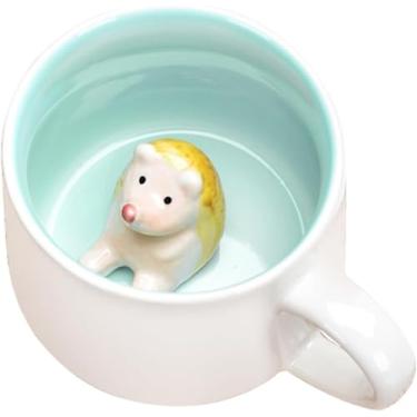 Imagem de Caneca fofa 3D animal cerâmica café xícara de chá com alça, estatueta de animal feita à mão copo de cerâmica para café, chá, leite ouriço