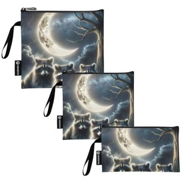 Imagem de Bolsa de lanche lavável com arte de guaxinim animal e sacos de sanduíche, reutilizável, bolsa de armazenamento de alimentos com zíper para escola, piquenique, trabalho, viagem (conjunto de 3: P/M/G)