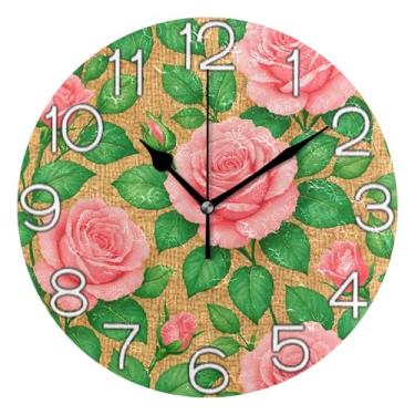 Imagem de GAIGEO Relógio de parede analógico decorativo relógio de cozinha bonito funky alimentado por bateria, arte de parede boho decoração de casa flor rosas rosas folhas verdes, 25 cm, ponteiros pretos