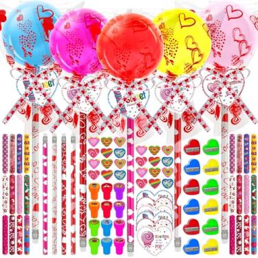 Imagem de 24 conjuntos de presentes de dia dos namorados presentes de papelaria para estudantes presentes de devolução de pirulito gigante com borrachas lápis pulseiras divertidas enchimento de saco de