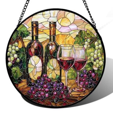Imagem de DASTOLL Pendurado em vitrais, uvas e vinho, painel de vidro de diamante, para decoração de aniversário para mulheres, homens, esposa, tia e mãe, 37,8 x 37,8 cm