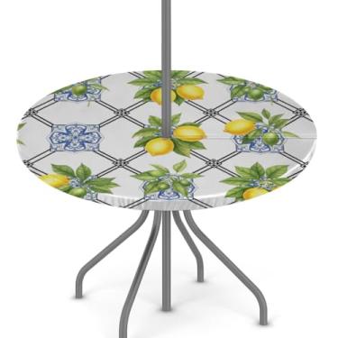 Imagem de Ackutea Toalha de mesa redonda ajustada ao ar livre - toalha de mesa circular com borda elástica limão com orifício para guarda-chuva e zíper oculto - capa de mesa impermeável para mesas de 114 a 142