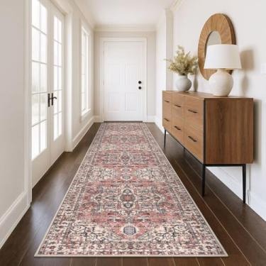 Imagem de KOZYFLY Corredores para corredores 8 x 3 m extra longo lavável lã sintética fina tapete de corredor boho tapete de entrada impresso para quarto, escadas, cozinha, sala de estar, corredor, terracota