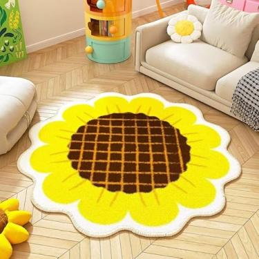 Imagem de Poowe Tapete infantil em forma de flor de girassol, tapete para berçário, redondo, educacional, alfabeto, macio, antiderrapante, para quarto de crianças pequenas (redondo, 3,3 pés)