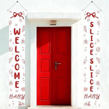 Imagem de Welcome Baby Banner Decorações de festa, faixa de porta de bebê de boas-vindas, faixa de tecido, placa de varanda para chá de bebê com tema de pizza, suprimentos ao ar livre