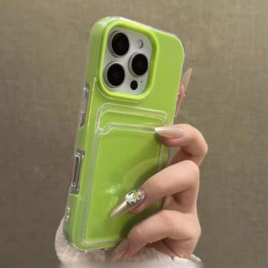Imagem de Capa para celular com porta-cartões para iPhone 16, 15, 14, 13, 12 Pro Max e 11, na cor Candy Color. Capa protetora transparente e macia, estilo carteira, resistente a impactos, na cor verde. Compatí
