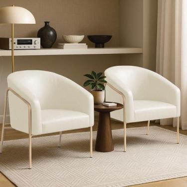 Imagem de Poltrona Sala Decorativa Kit 2 Stella Base Alta Tubo Champanhe Sintéti