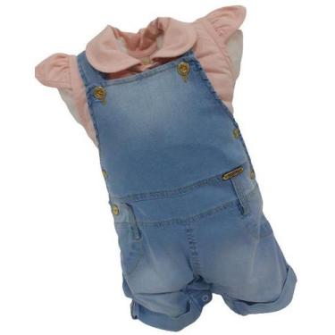 Imagem de Kit Macacão Jardineira Jeans + Body Bebê Menina Enxoval 2487 - Katita 