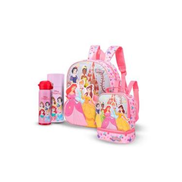 Imagem de Kit Mochila Lancheira Garrafa Princesas Resistente Infantil Disney
