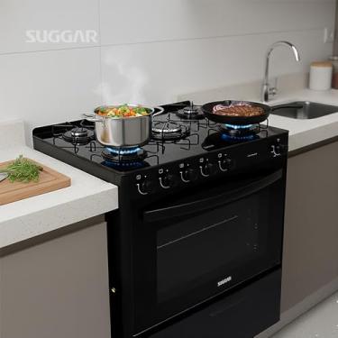 Imagem de Suggar Fogão de Piso, Gás, 5 Bocas, Mesa em Vidro Temperado, Forno 90L, Cook Essence, Preto, 64,3x75,5x92cm, Controle Manual, 29,7kg