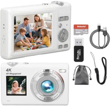 Imagem de Câmera Digital,Fotográfica 48MP 4K,Câmera Compacta para Vlogs com Tela Dupla, Cartão de 32 GB, Zoom Digital de 16x e Estabilizador de Imagem, Ideal para Iniciantes (Branco)
