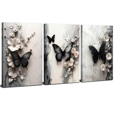 Imagem de Arte de parede de borboleta preto e branco decoração de parede abstrata borboleta floral lona pôsteres minimalistas pintura botânica moderna impressão estética arte para sala de estar quarto 30 x 40
