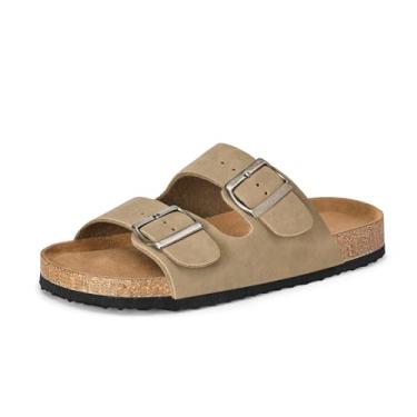 Imagem de mysoft Sandália rasteira feminina de cortiça com 2 tiras com fivela ajustável para o verão com sapatos confortáveis, Pedra, 36