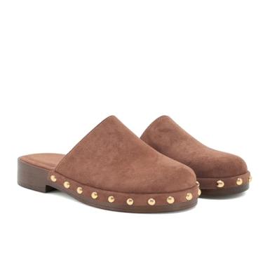 Imagem de Mules plataforma cravejadas para mulheres, bico redondo, fechado, tamancos de camurça, sem costas, sem costas, confortáveis, sapatos deslizantes casuais, Marrom-escuro, 40 BR