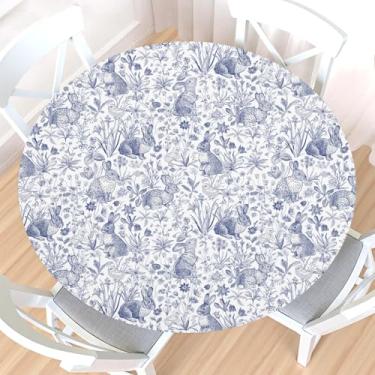 Imagem de Toalha de mesa redonda de coelhinho da Páscoa com borda elástica, impermeável, limpável, vintage, primavera, azul, branco, coelho, casa de fazenda, floral, toalha de mesa para mesa elástica de 101,6 a