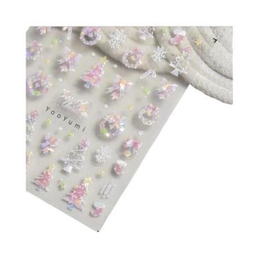 Imagem de Adesivos De Unha De Natal Com Floco De Neve Rosa, Decalques De Unha 5D