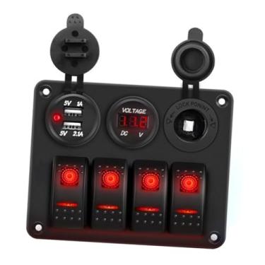 Imagem de Hyuduo Painel de Interruptor de LED de 4 Gangues Com Voltímetro de Charuto de 12V 2 Soquetes USB Charger Universal para Veículos de 12-24V IP66 Painel de Balanço à Prova de água (Luz vermelha)