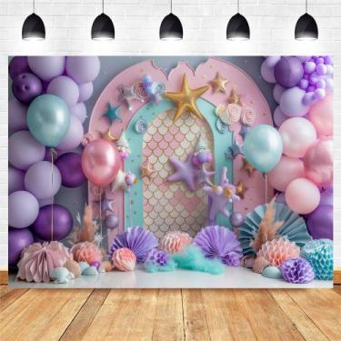 Imagem de Tema de sereia de fundo com balões rosa e elementos marinhos 150x100cm