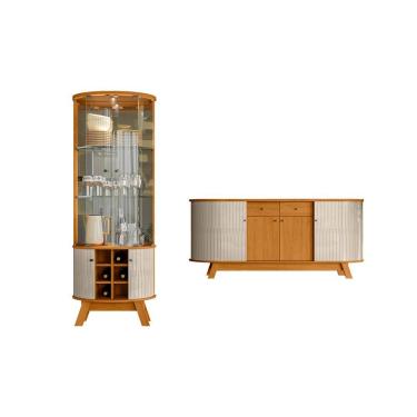 Imagem de Kit Sala de Jantar/Estar Cristaleira Marina + Buffet Mônaco Decorativo Cinamomo e Off White Liberty Móveis