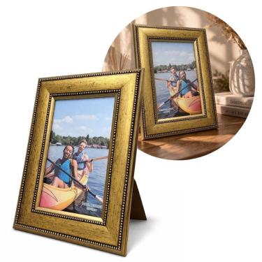 Imagem de Porta Retrato 15x21 Madeira Dourado Luxo Moldura Larga 4,5cm com Vidro Multi Posição