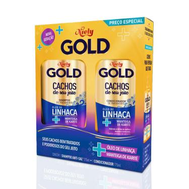 Imagem de Kit Shampoo 300ml + Condicionador 200ml Niely Gold Cachos Hidratação Óleo de Karité Cabelos Cacheados