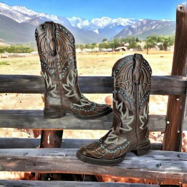 Imagem de Bota Texana Feminina Goyazes Bico Quadrado Couro Marrom Bordado Sola J