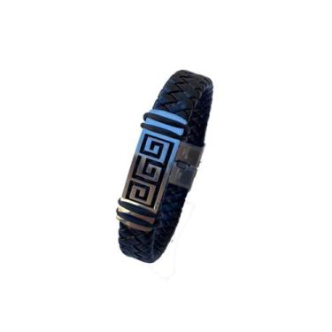 Imagem de Pulseira masculina couro trançado preto placa aço inox - Anarrô