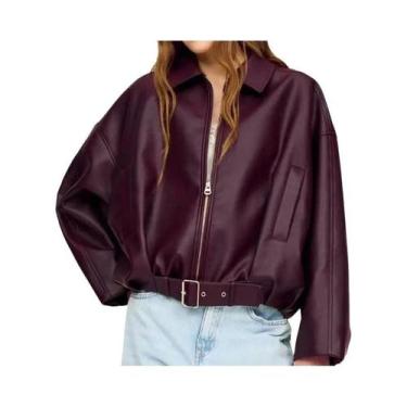 Imagem de Jaqueta Bomber Feminina Vintage De Couro PU Com Zíper, Gola Lapela, Ma