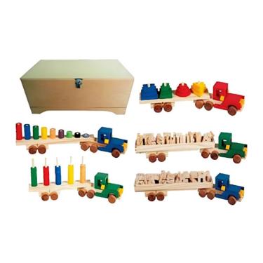 Imagem de Brinquedo Educativo de Madeira Baú Didático com 5 Carretas para Coordenação Motora Sonho de Criança