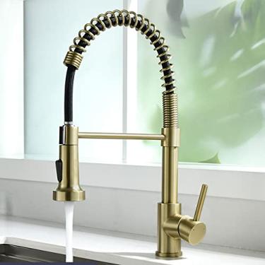 Imagem de Torneiras de cozinha escova torneiras de latão para pia de cozinha de alavanca única bica de mola misturadores torneira de água quente e fria guindaste, ouro escovado, china