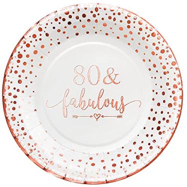 Imagem de Crisky 80 fabulosos pratos descartáveis para mulheres, decorações de aniversário de 80 anos, ouro rosa, sobremesa, bufê, bolo, almoço, pratos descartáveis de jantar para festa de 80 anos, 50 unidades, 23 cm