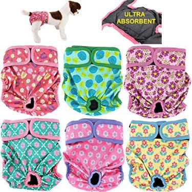 Imagem de Pacote de 3 ou 6 fraldas femininas para cães com 4 – Camadas de almofadas absorventes para gatos calcinhas à prova d'água à prova de vazamento laváveisFunnyDogClothes L: Waist 20" - 26"