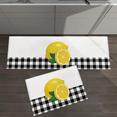 Imagem de Conjunto de 2 tapetes de cozinha verão frutas amarelo limão preto búfalo xadrez para tapetes e tapetes acolchoados antiderrapante corredor confortável tapete de pé