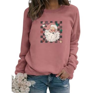 Imagem de Moletom feminino de Natal Papai Noel estampa xadrez moletom vintage feriado moletom fofo pulôver de Natal tops, Ouro rosa, M
