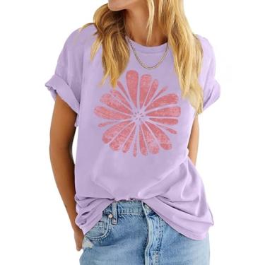 Imagem de Anbech Camiseta feminina com estampa de flores fofas, casual, namorado, enrolada, manga curta, caimento solto, 01 Roxo claro, G