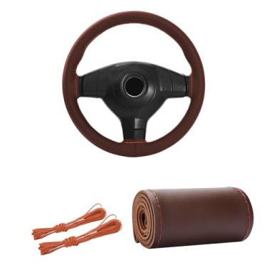 Imagem de Kewucn Capa de volante de couro genuíno, protetor universal de volante de carro de 15 polegadas com linha de agulha, capa de volante antiderrapante respirável DIY Stitch on Wrap (café, brilhante)