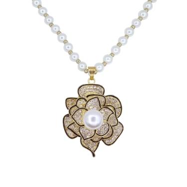 Imagem de Colar feminino com pingente de pérola de flor de cristal longo com strass e tulipa de girassol, colares de contas de pérolas, dourado, prata, suéter, colar de declaração, joias modernas para mulheres,