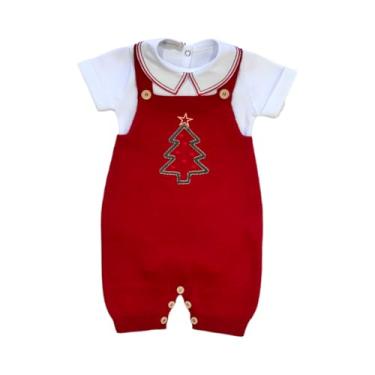 Imagem de Jardineira Árvore de Natal Tricô Bordada - Para Bebê Recém Nascido Até 2 Anos - Menina/Menino (Vermelho, 1 ANO)